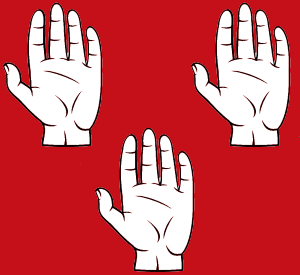 Arms Image: Gules, three hands sinister apaumy in pile reversed argent